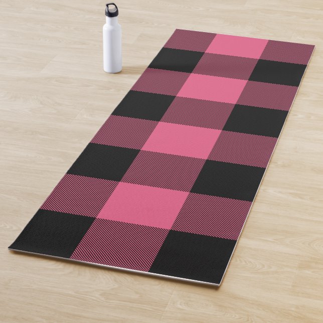 Pink & Black Checkered Squares Buffalo Plaid Yoga Mat (In Situ)