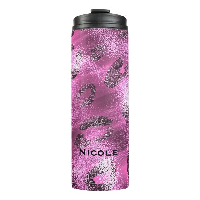 Pink & Black Cheetah Leopard Print Spots Custom Thermal Tumbler (Front)