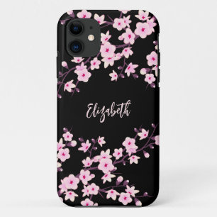Pink Black Cherry Blossom Monogram iPhone 11 Case