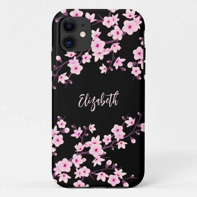 Pink Black Cherry Blossom Monogram Case-Mate iPhone Case (Back)