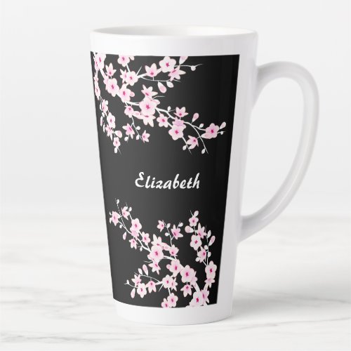 Pink Black Cherry Blossom Monogram  Latte Mug