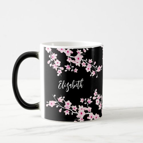 Pink Black Cherry Blossom Monogram Magic Mug