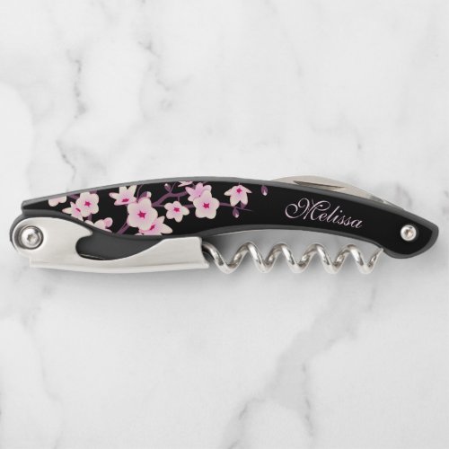 Pink Black Cherry Blossoms Monogram Waiters Corkscrew