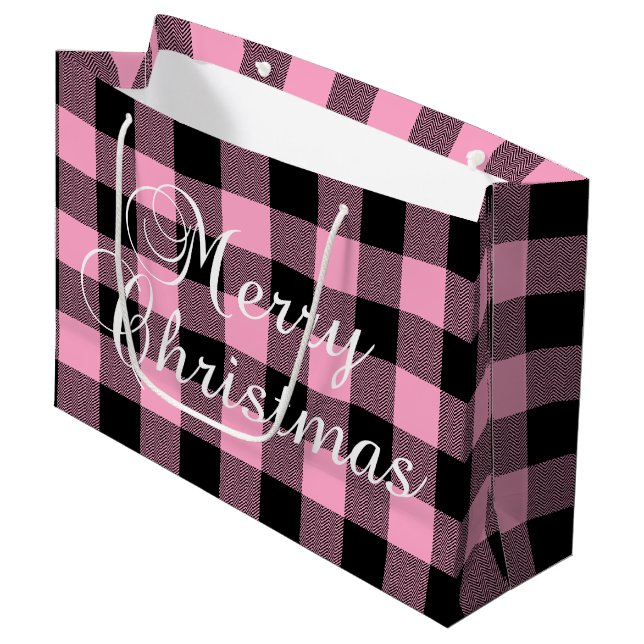 Pink Black Chevron Buffalo Plaid Merry Christmas Large Gift Bag (Front Angled)