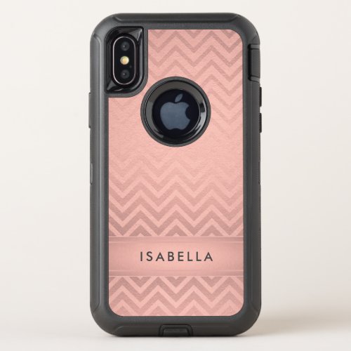 Pink  Black Chevron Faux Rose Gold Foil Monogram OtterBox Defender iPhone X Case