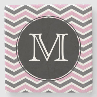 Pink & Black Chevron Monogram Stone Coaster