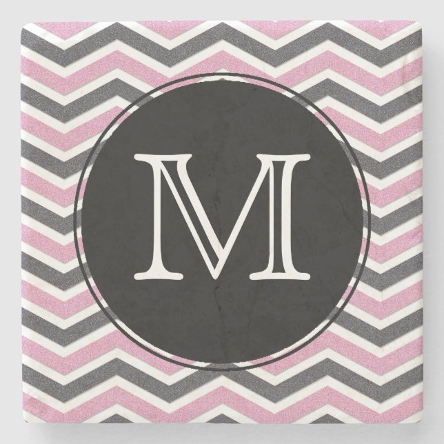 Pink & Black Chevron Monogram Stone Coaster (Front)