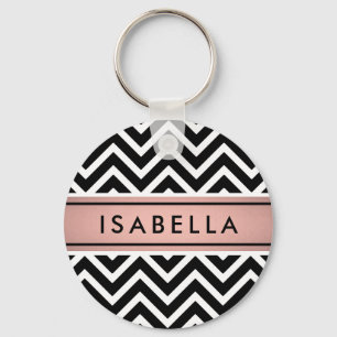 Pink & Black Chevron Pattern Girly Faux Rose Gold Keychain