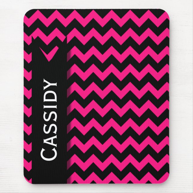Pink / Black Chevron Pattern & Personalized Name Mouse Pad (Front)