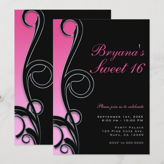 Pink & Black Chic Glam Swirl Sweet 16 Party Invitation (Front/Back)