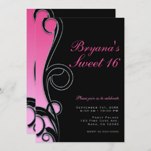 Pink & Black Chic Glam Swirl Sweet 16 Party Invitation