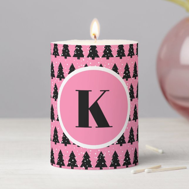 Pink & Black Christmas Tree Monogram Flameless Can Pillar Candle (In Situ)