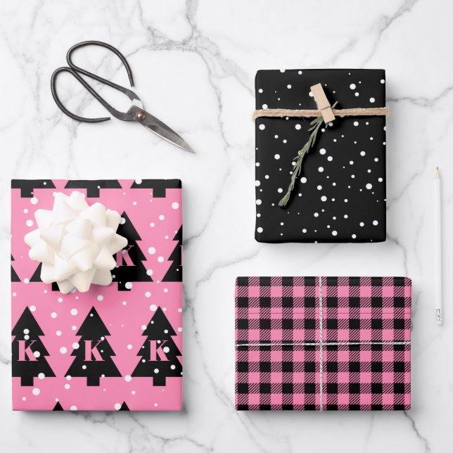 Pink & Black Christmas Tree Wrapping Paper Sheets (Front)