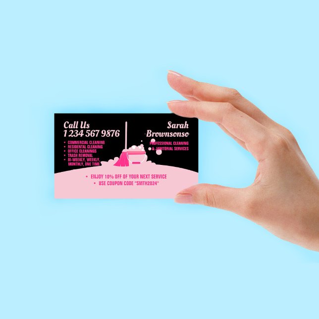 Pink Black Cleaning Service Maid Janitorial Coupon Business Card (Pink Black Cleaning Service Maid Janitorial Coupon Business Card)