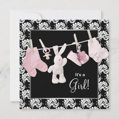 Pink Black Clothesline Baby Girl Shower Invite