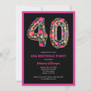 Pink Black Colorful Women 40th Birthday Party Invitation