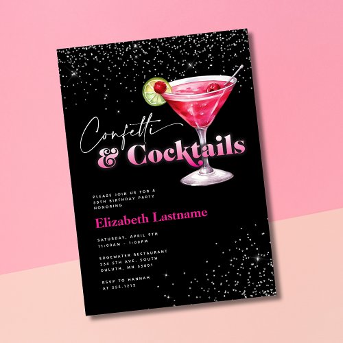 Pink Black Confetti and Cocktails Birthday Invitation