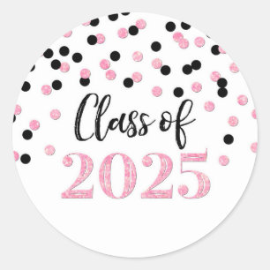 Pink Black Confetti Graduation 2025 Classic Round Sticker