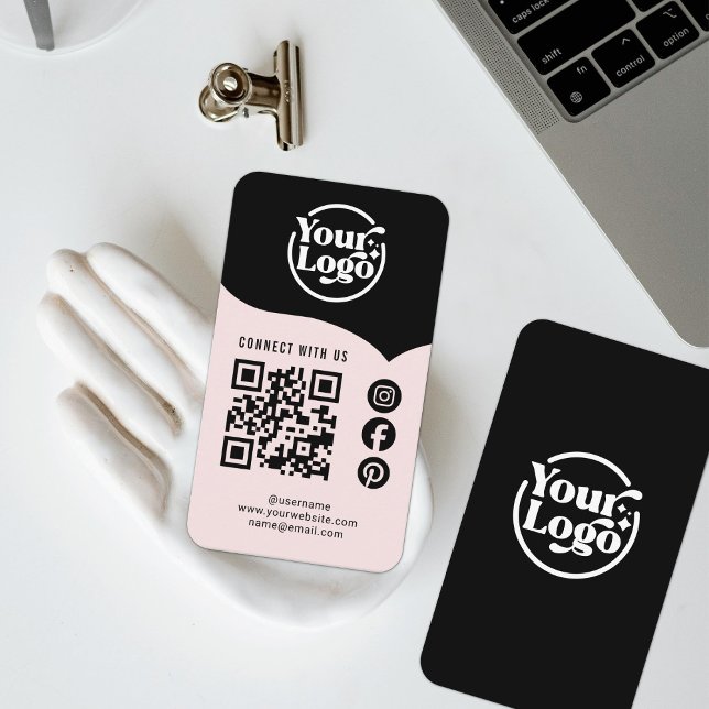 Pink Black Connect With Us QR Code 3 Social Media Business Card (Creator Uploaded)