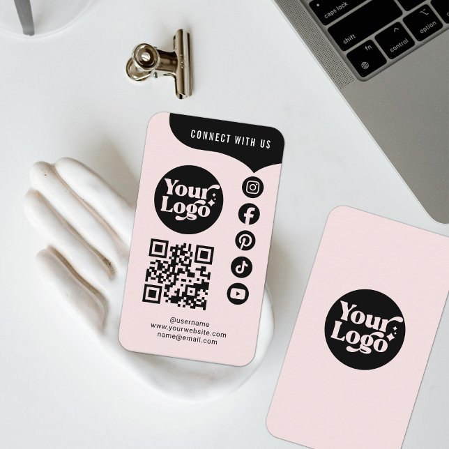 Pink Black Connect With Us QR Code 5 Social Media Business Card (Creator Uploaded)