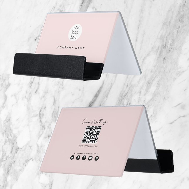 Pink Black Connect With Us QR Code Social Media   Desk Business Card Holder (Creator Uploaded)