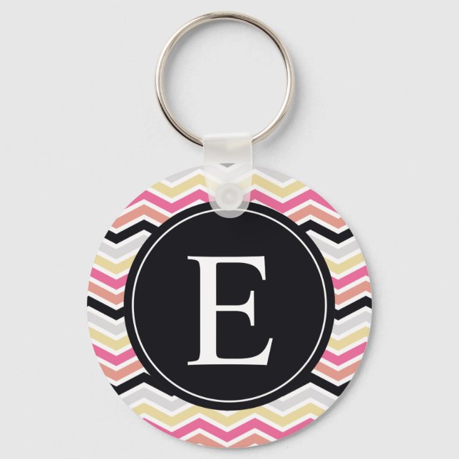 Pink Black Coral Chevron Monogram Keychain (Front)