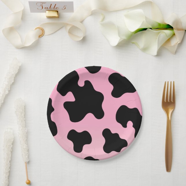 Pink & Black Cow Print Western Cowgirl Party Paper Plates (Wedding)