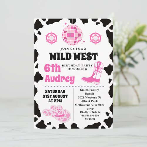 Pink Black Cow Print Wild West Cowgirl Birthday  Invitation