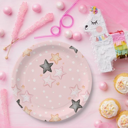 Pink Black Cream Stars Birthday Paper Plates
