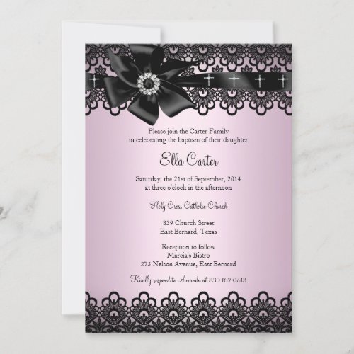 Pink Black Cross Bow  Lace Girl Baptism Invite