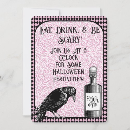 Pink Black Crow Raven Halloween Invitation