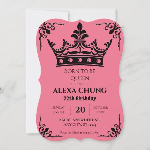 Pink black crown birthday invitation
