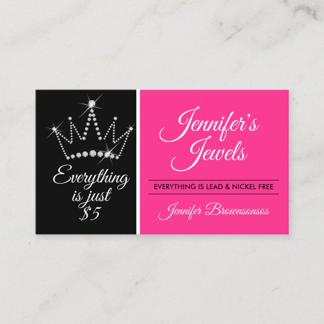 Pink Black Crown Bling Diamond Jewelry Business Card (Front)