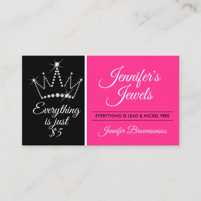 Pink Black Crown Bling Diamond Jewelry Business Card