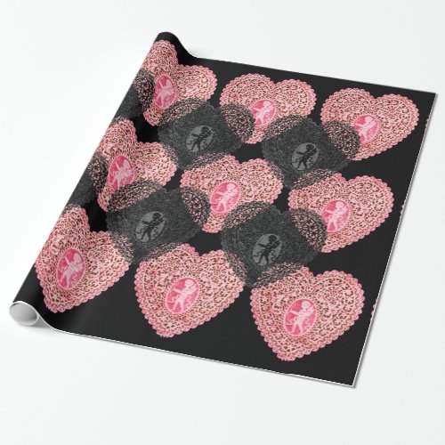 PINK BLACK CUPID LACE HEARTS Valentines Day Wrapping Paper