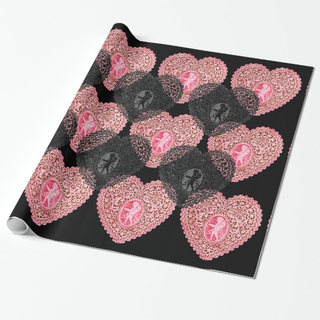PINK BLACK CUPID LACE HEARTS Valentine's Day Wrapping Paper (Unrolled)