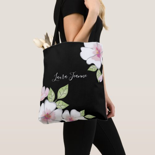 Pink Black Custom Floral Botanical Cherry Blossoms Tote Bag