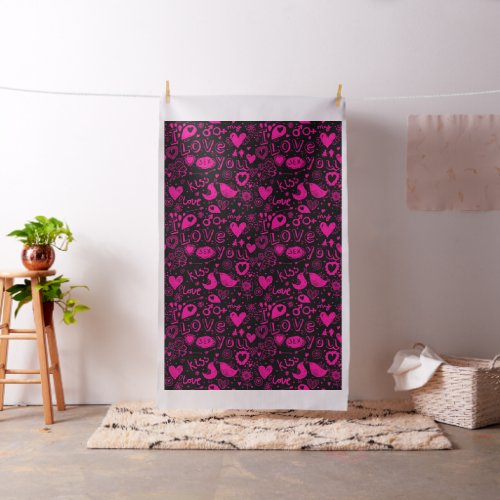 Pink  Black Cute Love Birds And Hearts Fabric