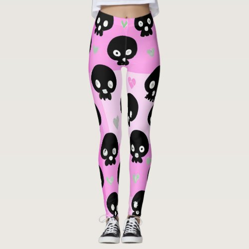 Pinkblack cute skulls_ pastel gothegirl pattern leggings