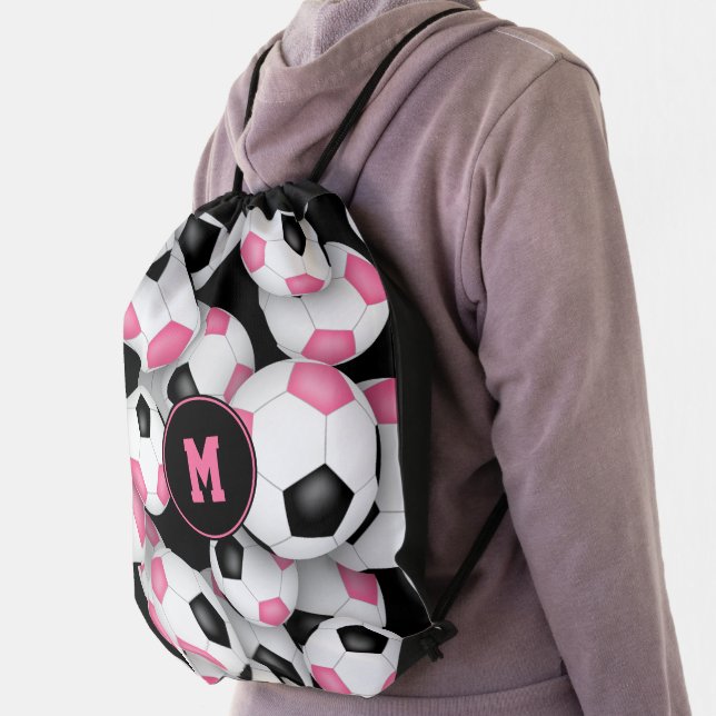 pink black cute soccer balls pattern drawstring bag (Insitu)