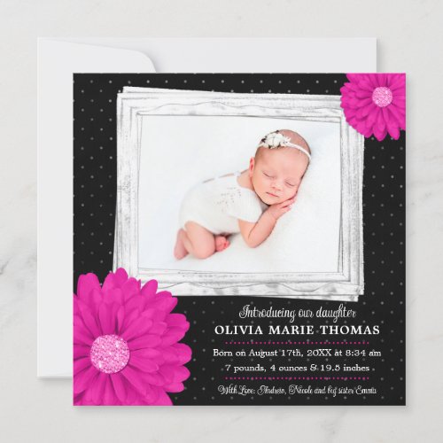 Pink Black Daisy Girl Photo Birth Announcement