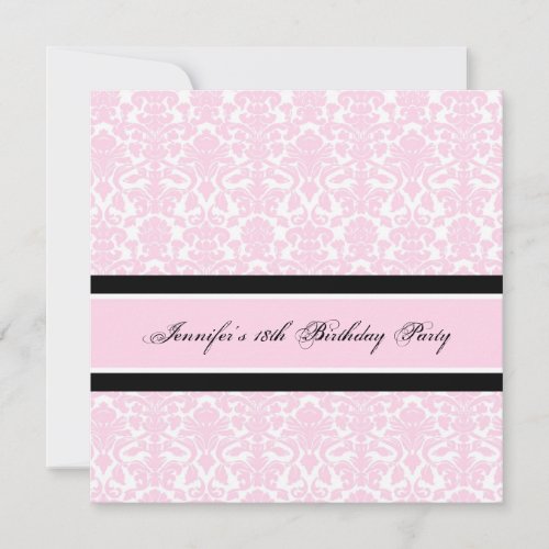 Pink Black Damask 18th Birthday Party Invitations