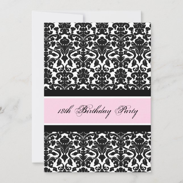 Pink Black Damask 18th Birthday Party Invitations (Front)