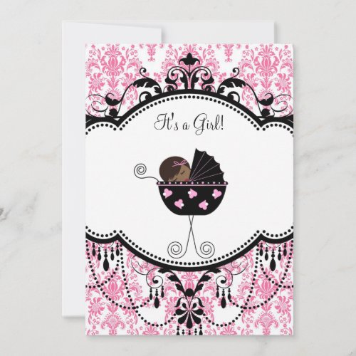 Pink Black Damask Baby Girl Shower Invitation