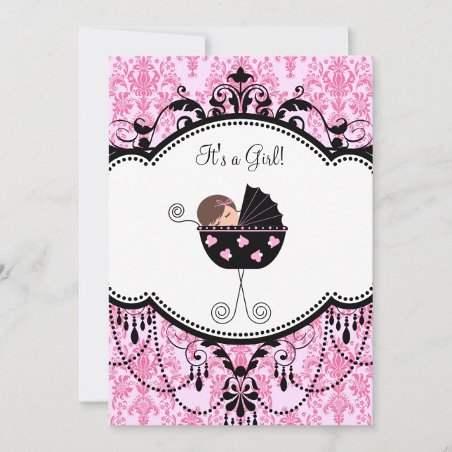 Pink Black Damask Baby Girl Shower Invitations (Front)