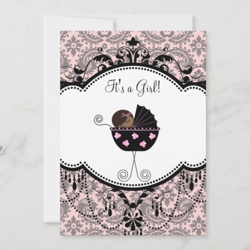 Pink Black Damask Baby Girl Shower Invitations