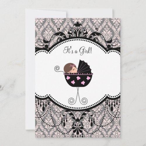 Pink Black Damask Baby Girl Shower Invitations