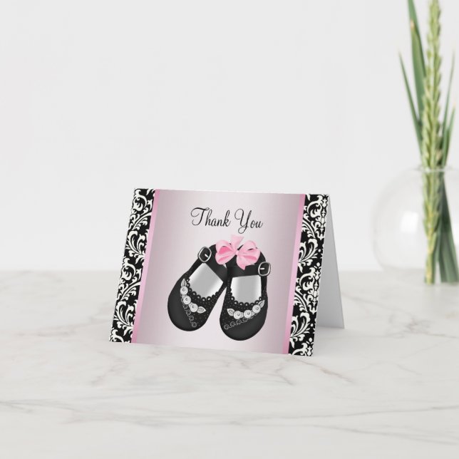 Pink Black Damask Baby Girl Shower Thank You (Front)