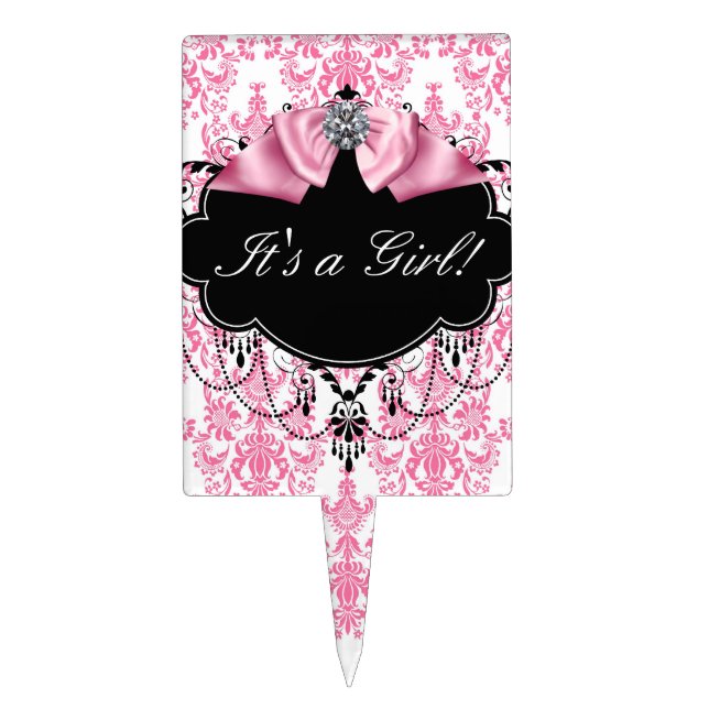 Pink Black Damask Baby Shower Cake Topper (Front)