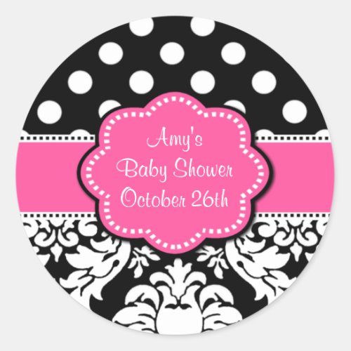 Pink Black Damask Baby Shower or Birthday Stickers